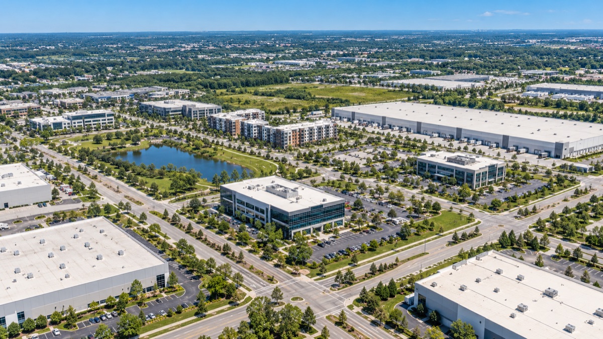 Aerial view of a mixed commercial district